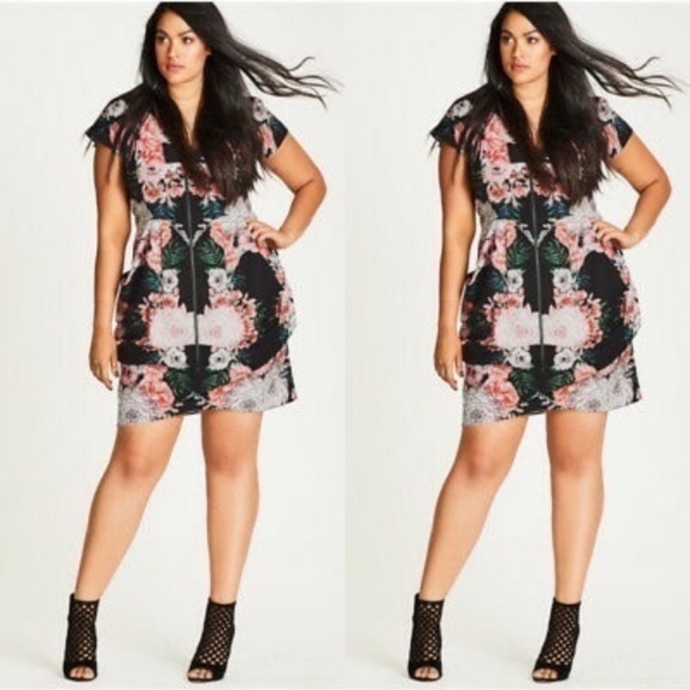 New City Chic Tunic Jungle Mirror Floral Mini Dress Black Pink Zip Front Size 16
